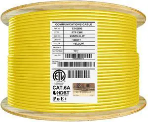 Elite Cat6A Shielded Riser (CMR), 1000ft, FTP 23AWG, Solid Bare Copper, 650MHz, 10Gb Speeds, UL Listed, UL-LP Certification, Higher Performance PoE++, TAA Compliant, Bulk Ethernet Cable Reel, Yellow Elite Cat6A Shielded Riser (CMR), 1000ft, FTP 23AWG, Solid Bare Copper, 650MHz, 10Gb Speeds, UL Listed, UL-LP Certification, Higher Performance PoE++, TAA Compliant, Bulk Ethernet Cable Reel, Yellow
