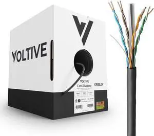 Voltive Cat6 Ethernet Cable, Outdoor (CMX), UV Resistant, Black, 500ft - 23AWG 4 Pair Solid Bare Copper, UTP, 600MHz, UL Certified & ETL Verified - V-1235-1 Voltive Cat6 Ethernet Cable, Outdoor (CMX), UV Resistant, Black, 500ft - 23AWG 4 Pair Solid Bare Copper, UTP, 600MHz, UL Certified & ETL Verified - V-1235-1