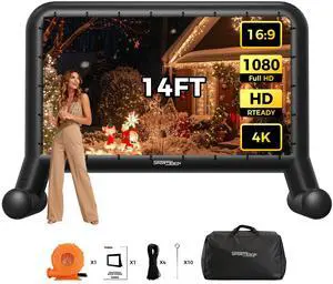 SPORTSWIN 14 FT Inflatable Outdoor Movie Screen, Blow Up Projector Screen Outdoor with Air Blower, Movie Screens for Backyard with One Piece Design, Front & Rear Projection, Easy Set Up SPORTSWIN 14 FT Inflatable Outdoor Movie Screen, Blow Up Projector Screen Outdoor with Air Blower, Movie Screens for Backyard with One Piece Design, Front & Rear Projection, Easy Set Up