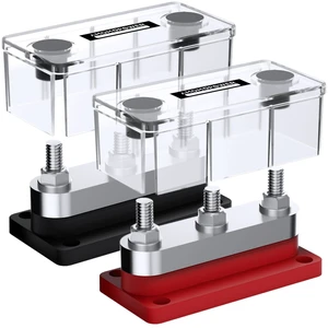 AMOMD 2 Pack 600A High Current Bus Bar Nickel Plated Copper Distribution Block with 3 Studs (3/8 inch) M10 Ideal for Electrical Battery Ground Connections Includes Cover for DC 12V 24V 48V System AMOMD 2 Pack 600A High Current Bus Bar Nickel Plated Copper Distribution Block with 3 Studs (3/8 inch) M10 Ideal for Electrical Battery Ground Connections Includes Cover for DC 12V 24V 48V System