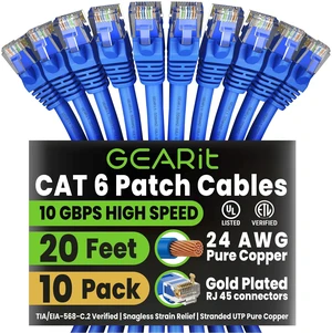 GEARit Cat6 Patch Cables Cat 6 Ethernet Cable 20 ft 10-Pack Blue GEARit Cat6 Patch Cables Cat 6 Ethernet Cable 20 ft 10-Pack Blue
