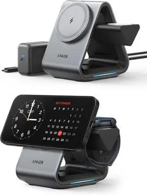 MagSafe Charger, Anker 737 MagGo Charger (3-in-1 Station) with MFi-Certified 15W Max Fast Charging, for iPhone 14/13 / 12 Series, Apple Watch S8 / 7/6, AirPods 3 / Pro (30W USB-C Charger Included)