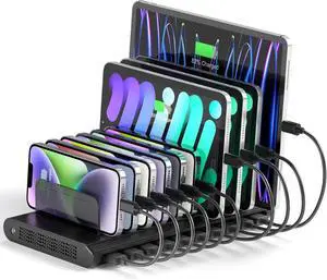 Unitek Multi USB Charging Station - 10 Ports Fast iPad Charging Dock with Type-C & 2 QC 3.0 Port, Charger Station Organizer for Multiple Devices Designed for iPhone, Kindle, Android, Tablets