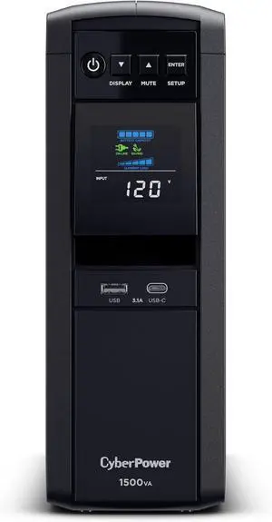 CyberPower CP1500PFCLCDTAA PFC Sinewave UPS System, 1500VA/1000W, 12 Outlets, AVR, Mini Tower, TAA Certified, Black