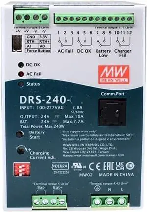 Mean Well DRS 240W 7.7A Switching Power Supply DRS-240-24 AC-DC DIN Rail UPS Power Supply Driver Converter Transformer for Security Systems Alarm Systems etc