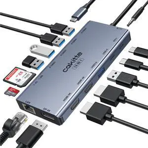 USB C Laptop Docking Station, cakitte 14 in 1 Type C Hub Multiport Adapter with 3 Monitors, Dual HDMI, DP, Ethernet, SD/TF, Mic/Audio, PD,Compatible for MacBook Dell HP Lenovo (Grey)