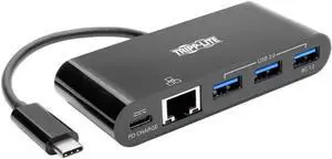 Tripp Lite USB C to Gigabit Ethernet Adapter Converter Docking Station w/ USB-A Hub, Gbe & PD Charging Thunderbolt 3, USB Type C Black (U460-003-3AGB-C)
