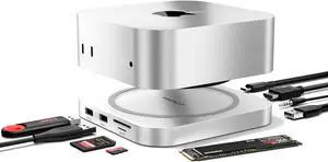 Macally Mac mini M4 Dock and Stand Hub with (3) USB-A 2.0 Ports, NVMe/SATA SSD Enclosure, SD/MicroSD Card Readers, AUX, 4K HDMI 60hz for Mac mini M4/Pro 2024