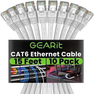 GEARit Cat 6 Ethernet Cable (10-Pack 15 Feet) Cat6 Network Patch, 10Gbps, RJ45, Snagless Cord, Gold-Plated Connectors, Internet for PC, TV, Tablet, Router, Printer, Servers, IT Data Center - White