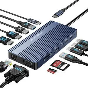 14 in 1 USB C Docking Station Dual HDMI Monitor, Laptop Docking Station Triple Display, 2*4K60 HDMI, 1080p VGA, Ethernet, 3 USBC 10Gbps,100W PD, SD/TF 3.0, Audio - For MacBook, Dell, Lenovo (Silver)