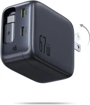 Baseus Enercore CJ11 Retractable USB C Charger, 67W 3 in 1 Fast Charging Block with Foldable Plug, PD/PPS for Galaxy S25/iPhone 16/15 Series/MacBook Air/Airpods 4