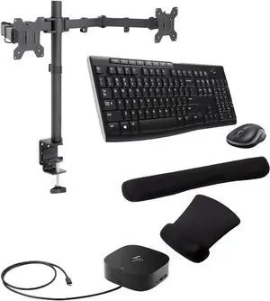 HP USB-C G5 Dock 100W, Three 4K Displays Supported for Business, HDMI, DisplayPort and USB Hub Bundled with Desk Mount Dual Monitor Stand, MK270 Wireless Keyboard/Mouse Set, Gel Mouse & Wrist Pad