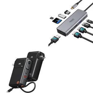 9 in 1 USB C Triple Display Docking Station Dual Monitor + 65W Portable Charger with Built in Cable and Wall Plug