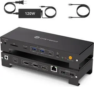 USB C Laptop Docking Station 3 Monitors Triple 3840*2160@60Hz Display with 120W Power Supply Computer PD 100W 15 in 1 Thunderbolt Dock Station for Multiple Monitors with USB 3.2 Port SD/Micro SD Solt