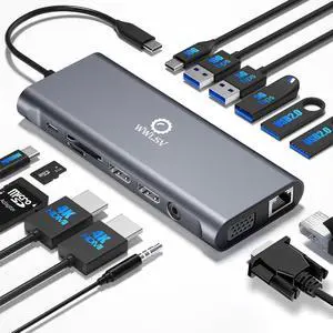 Laptop Docking Station Triple Display  14-in-1 USB C Hub with Dual 4K HDMI, 1080p VGA, 100W Power Delivery, 10Gbps USB-C/USB-A, Gigabit Ethernet, SD/TF, Audio Mic  For MacBook/HP/Dell/Lenovo/Surface