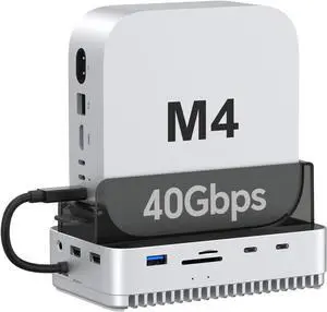 Qwiizlab 40Gbps Mac mini M4/M4 Pro Stand Hub with NVMe SSD Enclosure, Docking Station with USB-C 10Gbps, USB-A 10Gbps, TF/SD 4.0 Card Readers 312MB/s, USB-A 2.0, Fits M.2 PCIe up to 8TB