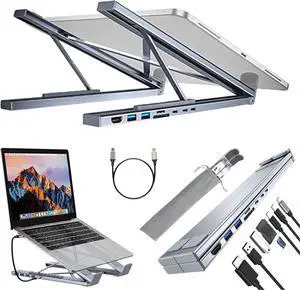 Civilized 8-in-1 USB-C Laptop Stand with Docking Station, Height Adjustable 8 in 1 Portable Stand Hub with 4K HDMI, 2 USD 3.0, Pd 100W, Universal for Home Offices, Corporate Desks, and Cafés (8-in-1)