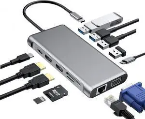 12-in-1 USB C Docking Station, 4K@60Hz Triple Display HDMI/VGA, 4X USB Ports, Gigabit Ethernet, 100W PD, SD/TF Card Reader, for Laptop/Desktop