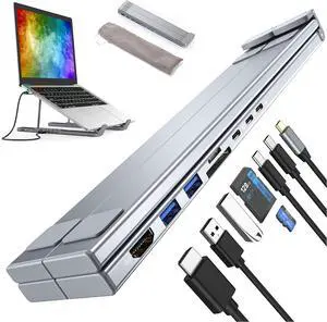 8-in-1 USB-C Laptop Stand with Docking Station, Portable Adjustable Flat Laptop Docking Station Stand, with 4K HDMI, 2 USB 3.0, Pd 100w