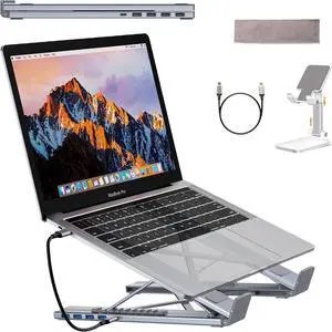 8-in-1 USB-C Laptop Stand, Adjustable Height Ergonomic Elevation Portable Laptop Stand with Docking Station Have 8 Essential Ports, 4k Hdmi, Usb-C/A SD/TF Port for Macbookpro/Air/Dell/Hp/Lenovo (8in1)