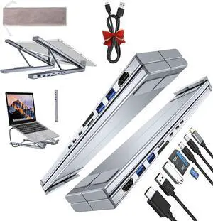 8-in-1 USB-C Laptop Stand, Adjustable Aluminum Laptop Stand Docking Station with 4K HDMI, 2 USB 3.0, 2 USB PD 100W, SD/TF Card Slots, Foldable & Portable for USB-C Laptops (2PC)