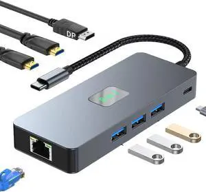 Docking Station for Laptops and Tablets, 8-in-1 USB-C, Triple 4K HDMI Display Adapter, Ethernet, USB 3.0 Hub (Flat), Grey