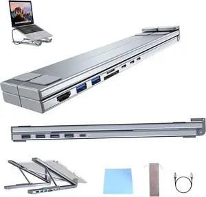 8-in-1 USB-C Laptop Stand, Portable Adjustable Flat Laptop Docking Stand with 4k HDMI, 2 USB 3.0, Pd 100w, Universal for Offices, Corporate Desks, Cafes (E)