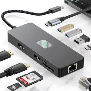 Docking Station for Dual 4K Monitors, 10Gbps 10-in-1 with Ethernet and Card Reader, 100W Power Delivery, Grey