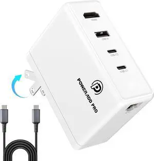 POWERDD PRO 100W Foldable 5-in-1 Travel Adapter: 5 Port Compact Hub with USB-A, Dual USB-C, HDMI, Ethernet, Fast Charge for MacBook, iPad, Samsung S23, HP, and More