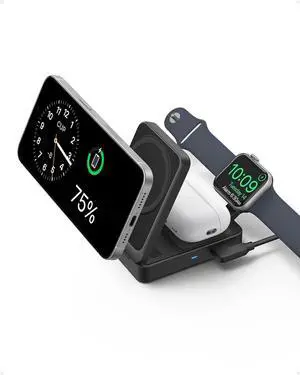 Anker MagGo 3-in-1 iPhone 16 Charging Station, MagSafe-Compatible Wireless Charger Stand, Qi2 Certified 15W Foldable Charger for iPhone 15/14, AirPods, Apple Watch 9 (40W USB-C Charger Included)