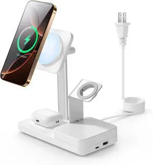 65W 4-in-1 GaN Wireless Charging Station(5-in-1 Stand) Designed for MagSafe Charger Stand Magnetic Wireless Charger for iPhone 16/15/14/13 /3/2 and USB A/C Devices White