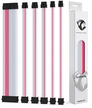 Reaper Cable Sleeved PSU Extension Set - Power Supply Extensions - 1x 24 Pin/ 2X 8 Pin/ 2X 6 Pin/ 1x 4+4 Pin - with Combs - 30cm (White & Pink)