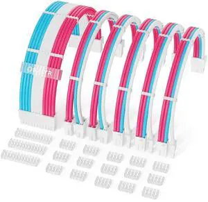 Sirlyr PSU Cable Extension,Customed Pre-Bend PC Power Supply Cable,1x 24 Pin ATX / 2X 8 (4+4) Pin EPS/Longer 3X 8 (6+2) Gold-Plated Pin Pcie,Nylon Sleeved Pink Blue White,6 Kits