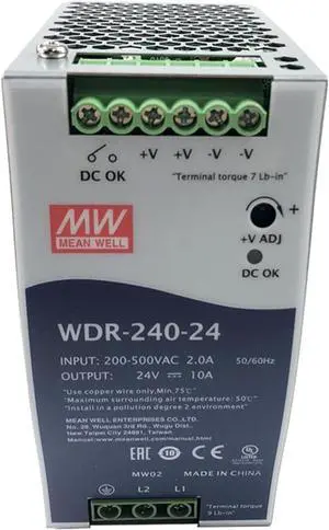 Mean Well WDR-240-24 240W 24V 10A DIN Rail Power Supply - 91% High Efficiency, Active PFC, Compact Design for Light Load Industrial Control and Automation - 180-550VAC Input, Reliable