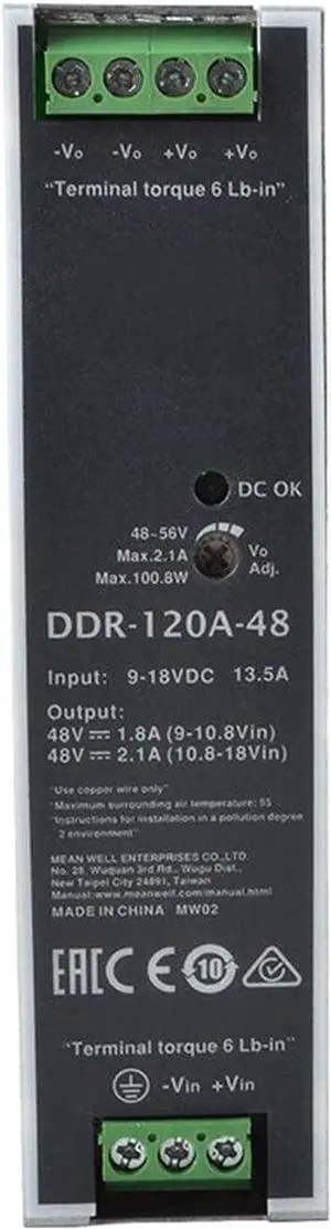 DDR-120A-48 48V 2.1A 100W DIN-Rail Power Supply, Wide Input, for Railway & Industrial Applications