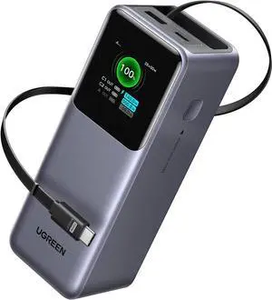 UGREEN 20,000mAh Laptop Power Bank for MacBook, Built-in and 100W Retractable Cables, 165W Portable Charger for Multi-Device Charging, Smart Digital Display, for iPhone 16/15 Series, Samsung, and More