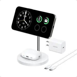 Anker MagSafe Compatible MagGo Charger Stand, iPhone 16 Wireless Charger, 2-in-1 Charging Station, Qi2 Certified 15W Max Charging, for iPhone 16/15/14/13/12, AirPods Pro (White, with 40W Adapter)