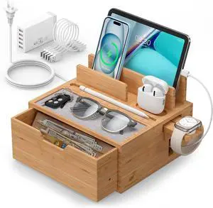 Multi-Device Charging Station Dock & Organizer with Power Supply (5 Ports HUB) and Cables Bedside Docking Station with Drawer Compartment -Natural Bamboo