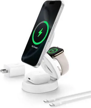 Belkin MagSafe Charger Compatible, 3-in-1 Qi2 Wireless Charging Station 15W, Convertible Wireless Charger for iPhone 16, Apple Watch, AirPods, Portable Phone Stand for Travel w/ 36W Adapter - White