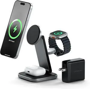 Satechi 3 in 1 Wireless Charging Station for Apple, MagSafe, Qi2 Certified, 15W Magnetic, Foldable Travel Charger Station for iPhone 16/15/14/13/12, AirPods Pro/4/3/2, Apple Watch Series