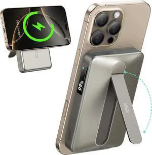 ESR for MagSafe Power Bank, Kickstand 10,000mAh MagSafe Portable Charger, Qi2 Certified 15W Fast Battery Pack with LED Display, 27W USB-C MagSlim Charger with Cable for iPhone 16/15/14/13/12,Titanium