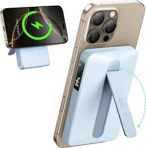 ESR for MagSafe Power Bank, Kickstand 10,000mAh MagSafe Portable Charger, Qi2 Certified 15W Fast Battery Pack with LED Display, 27W USB-C MagSlim Charger with Cable for iPhone 16/15/14/13/12,Sky Blue