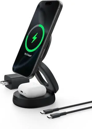MagSafe Charger Compatible 2-in-1 Qi2 Wireless Charging Station 15W Convertible Wireless Charger for iPhone 16  Watch AirPods Portable Phone Stand for Travel w/ 30W Adapter - Black