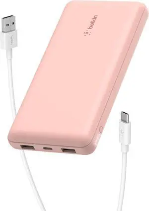 Belkin USB C Portable Charger Power Bank, 10000 mAh with 1 USB C Port and 2 USB A Ports for up to 15W Charging for iPhone 12, 11, XS Pro, Max, Mini, AirPods, iPad, Galaxy S21, Ultra and More - Pink