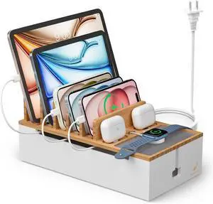 Multi Devices Charging Station, with USB Adapter and 6 Cables, Cord Organizer for Desk, Cell Phone Charger Dock to Management Cables and Power Strip, Desktop Cord Hider Box -Natural +White