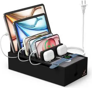 Multi Charger Station Organizer, 5-Port USB Charger Dock with 6 Cables, Cable Management Box, Cord Organizer for Desk, Wire Organizers and Storage for Cords and Power Strip -Black