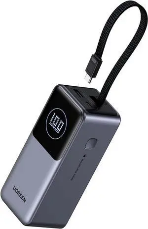 UGREEN Laptop Power Bank, 20000mAh Portable Charger with Triple 100W USB-C Ports for Multi-Device Charging, Built-in and Retractable Cables, for iPhone 16/15 Series, MacBook, Samsung and More