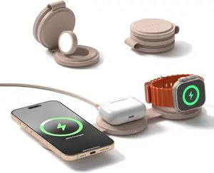 Satechi OntheGo 3 in 1 Wireless Charger, Qi2 Portable Charger with 15W Fast Charging for iPhone, 5W for Apple Watch, and 5W for AirPods, Magnetic Travel Charging Station  Desert Rose