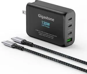 Gigastone 130W USB C Charger + 100W USB C Cable GaN Power Pro PPS Multiple Port Intelligent Power Allocation Foldable Plug Travel GaN Charger iPhone 15/14 MacBook Dell XPS iPad Galaxy S23/S22