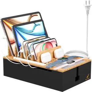 Pezin & Hulin Bamboo Charing Station, Multi Charger Organizer Phone Docking Station, Large Wire Storage Box and Organizers for Cords Hider (Include 10-Port USB Charger and 6 Cables) -Natural+Black